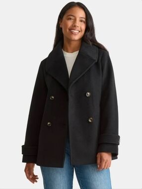 Classic Double-Breasted Faux Wool Black Peacoat